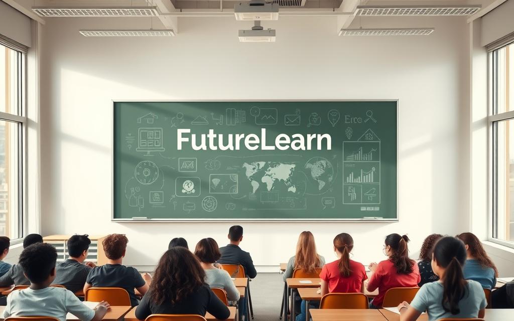A bright, airy classroom setting with a large chalkboard or whiteboard at the center. On the board, the text "FutureLearn" is prominently displayed, surrounded by colorful icons and illustrations representing various online courses and educational resources. In the foreground, a group of diverse students, both young and old, sit at desks, engaged in learning and discussion. Soft, natural lighting filters in through large windows, creating a warm and inviting atmosphere. The background features a cityscape or landscape, hinting at the global reach and accessibility of these free online educational opportunities. A bright, airy classroom setting with a large chalkboard or whiteboard at the center. On the board, the text "FutureLearn" is prominently displayed, surrounded by colorful icons and illustrations representing various online courses and educational resources. In the foreground, a group of diverse students, both young and old, sit at desks, engaged in learning and discussion. Soft, natural lighting filters in through large windows, creating a warm and inviting atmosphere. The background features a cityscape or landscape, hinting at the global reach and accessibility of these free online educational opportunities.
