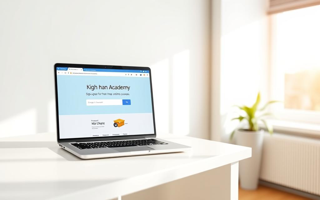 A bright, airy workspace with a laptop prominently displayed on a clean, modern desk. The laptop screen shows the Khan Academy homepage, inviting the viewer to sign up for free online courses. The background features a minimalist wall with clean lines and a subtle texture, conveying a sense of simplicity and focus. Soft, diffused natural lighting from a nearby window casts a warm glow on the scene, creating a welcoming and productive atmosphere. The overall composition guides the viewer's attention to the sign-up process, encouraging them to engage with the educational platform. A bright, airy workspace with a laptop prominently displayed on a clean, modern desk. The laptop screen shows the Khan Academy homepage, inviting the viewer to sign up for free online courses. The background features a minimalist wall with clean lines and a subtle texture, conveying a sense of simplicity and focus. Soft, diffused natural lighting from a nearby window casts a warm glow on the scene, creating a welcoming and productive atmosphere. The overall composition guides the viewer's attention to the sign-up process, encouraging them to engage with the educational platform.