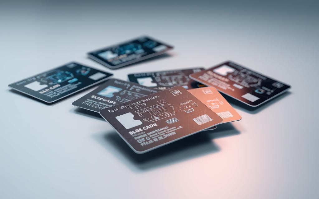 A closeup view of several digital identification cards floating on a sleek, reflective surface. The cards are rendered with intricate details, including security holograms, microchips, and dynamic visual elements that convey a sense of advanced technology. The cards are arranged in a scattered, asymmetrical pattern, suggesting the interconnected nature of digital identities. The lighting is soft and directional, creating depth and emphasizing the cards' texture and materiality. The background is a subtle, gradient-based environment, allowing the digital IDs to be the central focus of the image.