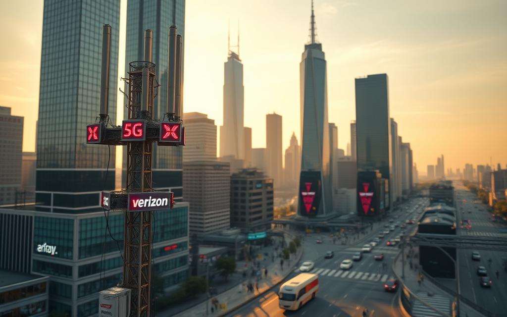 A gleaming, futuristic cityscape with towering skyscrapers and bustling streets. In the foreground, a Verizon 5G cell tower stands tall, its sleek antennas and LED indicators pulsing with a vibrant, electric energy. The middle ground features busy commuters, pedestrians, and vehicles, all seamlessly connected by the high-speed 5G network. In the background, the sky is bathed in a warm, golden light, creating a sense of progress and innovation. The scene is captured with a wide-angle lens, emphasizing the scale and scope of the 5G infrastructure that underpins the urban landscape. The overall mood is one of optimism, efficiency, and the transformative power of advanced telecommunications technology.