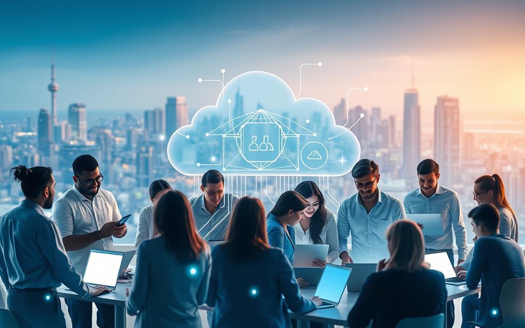 A group of people collaborating on a cloud-based platform, their devices connected seamlessly. In the foreground, a team of diverse professionals engaged in a lively discussion, their faces illuminated by the glow of laptop screens. The middle ground features a detailed 3D model of a cloud infrastructure, with data streams flowing between servers and clients. In the background, a cityscape of modern high-rises fades into the distance, hinting at the global reach of this cloud-powered collaboration. The scene is bathed in a soft, warm light, conveying a sense of productivity, connectivity, and a shared purpose.