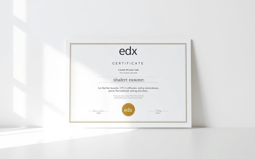 A high-resolution, detailed image of a free edX certificate. The certificate is displayed against a clean, white background with soft, natural lighting. The certificate is prominently featured in the center, with a subtle drop shadow to give it depth and dimension. The certificate design is elegant and minimalist, with the edX logo and course name displayed in a clear, legible font. The overall mood is one of simplicity, professionalism, and achievement, reflecting the accomplishment of earning a free online course certificate from a prestigious institution like edX. A high-resolution, detailed image of a free edX certificate. The certificate is displayed against a clean, white background with soft, natural lighting. The certificate is prominently featured in the center, with a subtle drop shadow to give it depth and dimension. The certificate design is elegant and minimalist, with the edX logo and course name displayed in a clear, legible font. The overall mood is one of simplicity, professionalism, and achievement, reflecting the accomplishment of earning a free online course certificate from a prestigious institution like edX.