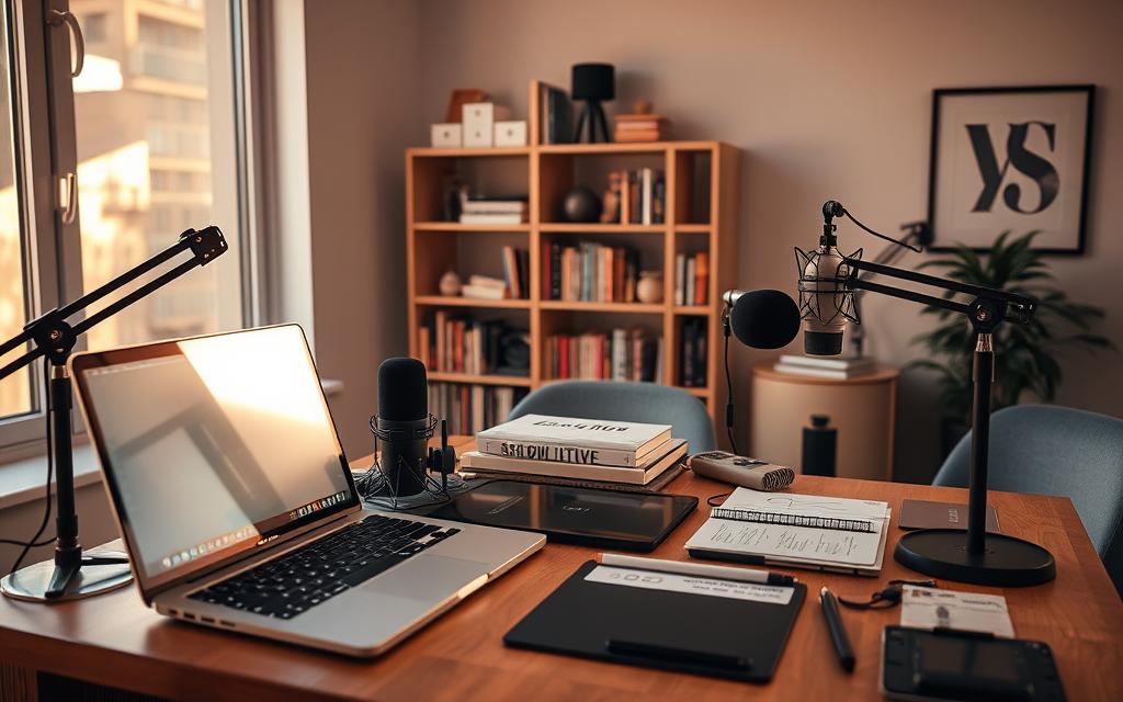 A modern, well-equipped content creator's workspace, bathed in warm, natural lighting from a large window. In the foreground, a sleek, high-end laptop and a professional microphone setup. On the desk, an array of digital tablets, styluses, and other creative tools. In the middle ground, a bookshelf showcases an eclectic mix of design and writing reference materials. The background features minimalist, tasteful decor, hinting at the creator's refined aesthetic sensibilities. An atmosphere of focused productivity, with a touch of inspiration and creativity permeating the scene.