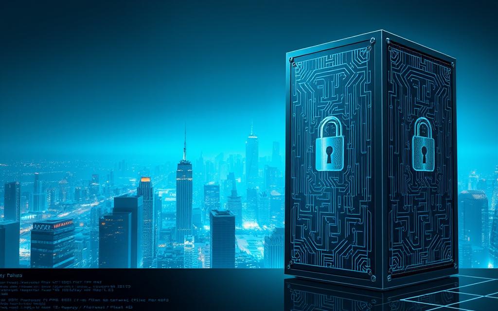 A sleek and sophisticated network security system, a firewall stands tall and proud, its digital barriers shimmering with a metallic sheen. Intricate circuit board patterns adorn its surface, pulsing with the rhythmic flow of data packets. Positioned in the foreground, the firewall commands attention, its angular design conveying a sense of unwavering protection. In the middle ground, a cityscape of skyscrapers and server racks represents the digital landscape it safeguards, bathed in a cool, azure glow. The background fades into a hazy, futuristic skyline, hinting at the ever-evolving nature of cybersecurity. The overall scene exudes a sense of power, resilience, and technological sophistication, perfectly capturing the role of firewalls in the digital age.