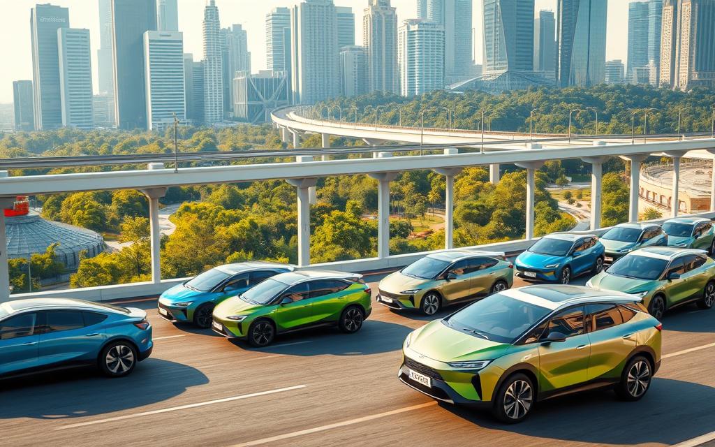 A sleek fleet of futuristic electric vehicles gliding silently through a modern, eco-friendly cityscape. In the foreground, a group of stylish, streamlined sedans and SUVs in vibrant hues of blue, green, and silver, their smooth contours accentuated by warm, soft lighting. In the middle ground, a network of elevated monorails and charging stations blend seamlessly with the angular, glass-and-steel architecture. The background is dominated by towering skyscrapers and lush, verdant parks, creating a harmonious balance between technology and nature. The scene conveys a sense of sustainable progress, with the electric vehicles representing the clean, efficient transportation solutions of the future.