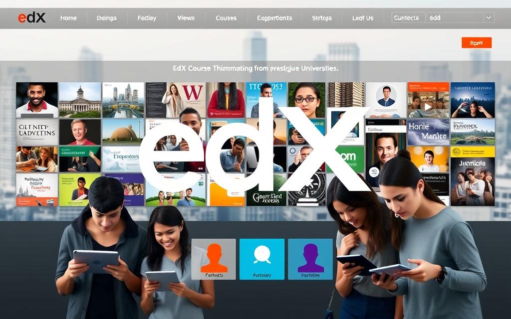 A sleek, modern e-learning platform with a clean, intuitive interface. The edX logo is prominently displayed, surrounded by a grid of course thumbnails showcasing diverse educational offerings from prestigious universities. The foreground features a group of students interacting with the platform on various devices, their faces alight with engaged learning. The middle ground depicts an array of course subjects, from computer science to the humanities, represented by vibrant icons. The background has a subtle, slightly out-of-focus cityscape, hinting at the global reach and impact of the edX platform. The overall scene conveys a sense of accessibility, innovation, and the transformative power of online education. A sleek, modern e-learning platform with a clean, intuitive interface. The edX logo is prominently displayed, surrounded by a grid of course thumbnails showcasing diverse educational offerings from prestigious universities. The foreground features a group of students interacting with the platform on various devices, their faces alight with engaged learning. The middle ground depicts an array of course subjects, from computer science to the humanities, represented by vibrant icons. The background has a subtle, slightly out-of-focus cityscape, hinting at the global reach and impact of the edX platform. The overall scene conveys a sense of accessibility, innovation, and the transformative power of online education.