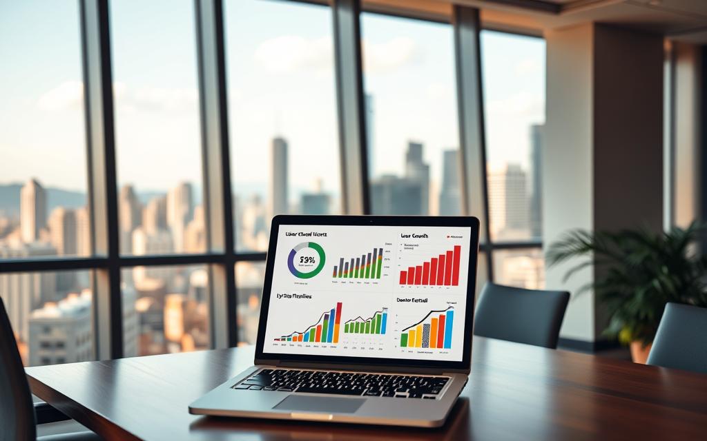 A sleek, modern office interior with large windows overlooking a bustling city skyline. On the desk, a laptop displays statistics and graphs related to Udemy's online learning platform, with colorful charts and infographics highlighting user growth, course enrollment, and satisfaction metrics. The room is filled with warm, natural lighting, creating a productive and inviting atmosphere. The overall composition conveys the success and impact of Udemy as a leading provider of accessible, high-quality online education.