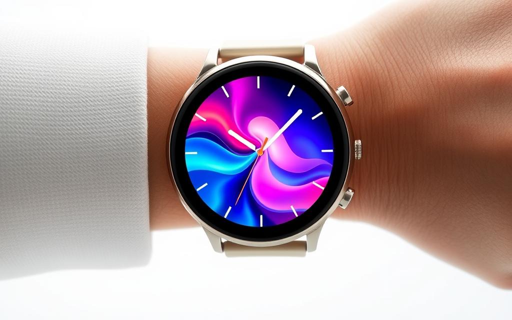 A sleek, modern smartwatch with a minimalist design, featuring an array of advanced sensors and a crisp, high-resolution display. The watch face showcases vibrant, soothing hues and fluid animations that respond to the wearer's biometric data, providing real-time insights into their mental state and well-being. The band is crafted from a lightweight, breathable material that seamlessly blends with the skin, creating a comfortable and unobtrusive experience. Elegant, yet highly functional, this wearable technology embodies the intersection of fashion and mental health, empowering the user to take a proactive approach to their emotional wellness.