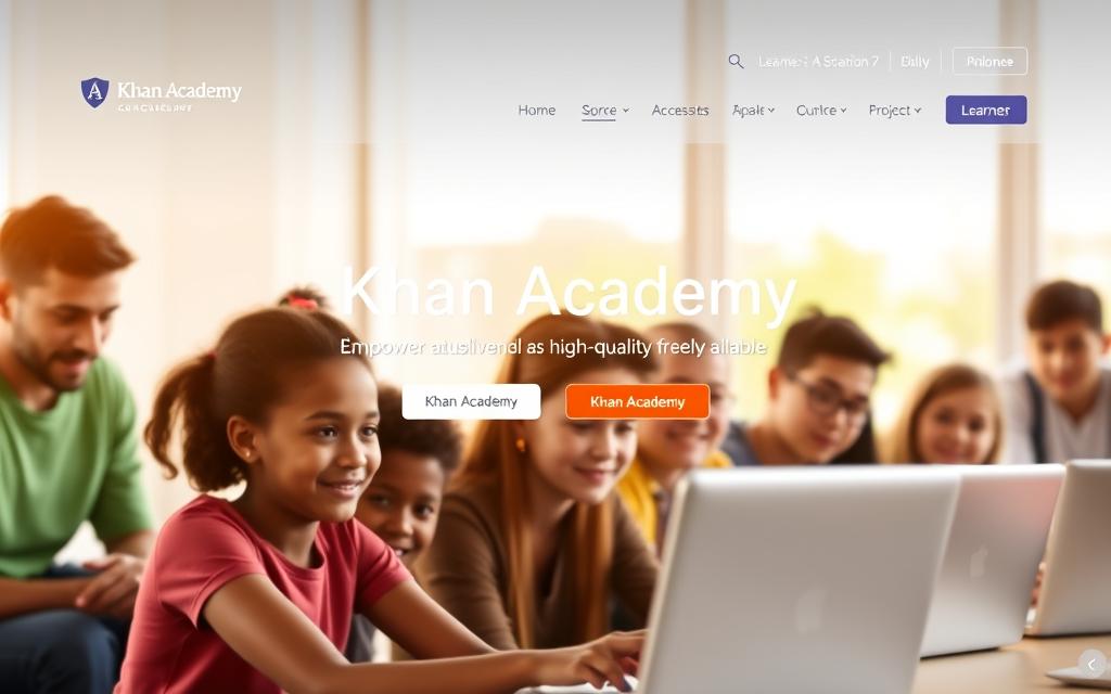 A sleek, modern website interface showcasing the Khan Academy logo and branding. The homepage features a clean, minimalist design with vibrant colors and clear call-to-action buttons. In the center, a large hero image depicts diverse learners of all ages engaged in online educational activities, conveying the inclusive and accessible nature of Khan Academy's free programs. The background is softly blurred, creating a sense of depth and focus on the website's key features. Warm, natural lighting illuminates the scene, giving it an inviting and aspirational atmosphere. The overall composition highlights Khan Academy's mission of empowering individuals through high-quality, freely available education.