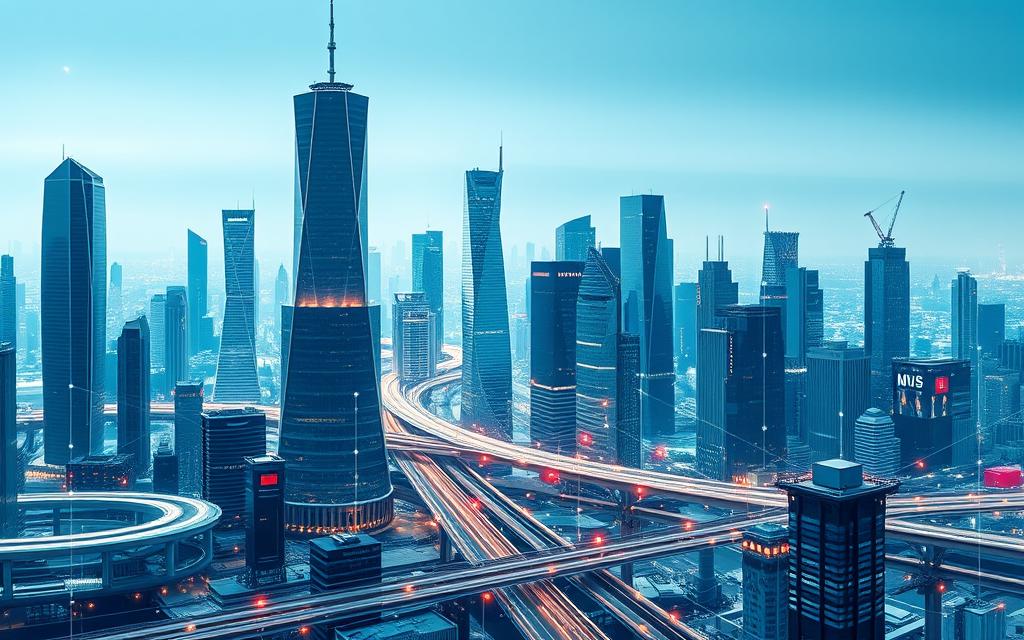 A sprawling network of interconnected devices, sensors, and systems, capturing and exchanging data in a seamless digital ecosystem. A sleek, minimalist cityscape serves as the backdrop, its gleaming skyscrapers and infrastructure emblematic of the technological revolution transforming the modern enterprise. In the foreground, a dynamic visualization pulses with activity, illustrating the flow of information across this Internet of Things. Subtle lighting casts a warm, futuristic glow, evoking a sense of innovation and progress. The overall composition conveys the profound impact of IoT on digital transformation, shaping the way companies operate and adapt to the demands of the 21st century.
