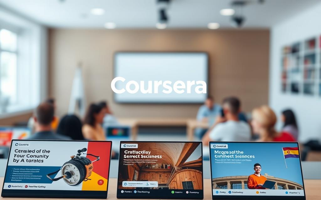 A well-lit, high-resolution image showcasing Coursera's diverse online course offerings. In the foreground, several Coursera course thumbnails are prominently displayed, highlighting the breadth of subjects available, from business and technology to humanities and sciences. The middle ground features a stylized Coursera logo and branding elements, conveying the platform's authority and credibility. In the background, a soft, blurred view of a virtual classroom or online learning environment, suggesting the immersive, flexible nature of Coursera's online learning experience. The overall composition is clean, modern, and visually appealing, reflecting the quality and accessibility of Coursera's educational resources. A well-lit, high-resolution image showcasing Coursera's diverse online course offerings. In the foreground, several Coursera course thumbnails are prominently displayed, highlighting the breadth of subjects available, from business and technology to humanities and sciences. The middle ground features a stylized Coursera logo and branding elements, conveying the platform's authority and credibility. In the background, a soft, blurred view of a virtual classroom or online learning environment, suggesting the immersive, flexible nature of Coursera's online learning experience. The overall composition is clean, modern, and visually appealing, reflecting the quality and accessibility of Coursera's educational resources.