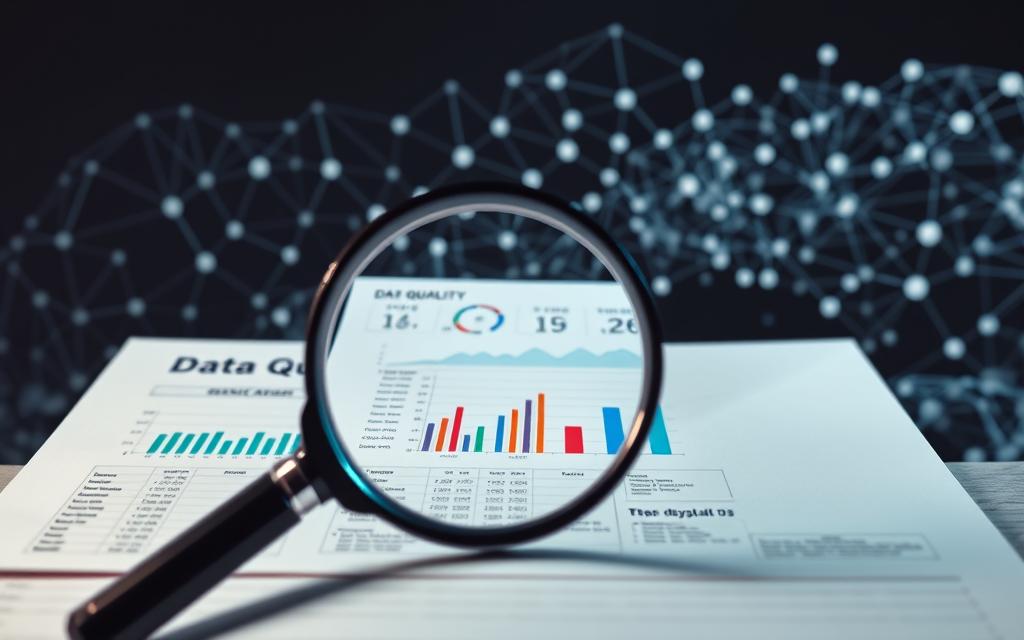 A well-organized and visually compelling data quality concept. In the foreground, a magnifying glass intricately examines a spreadsheet, symbolizing the scrutiny and attention to detail required for high-quality data. The middle ground features a sleek, minimalist data dashboard, displaying clear, accurate visualizations. In the background, a complex network of interconnected data streams flows seamlessly, highlighting the importance of data integration and consistency. Soft, directional lighting casts an authoritative yet approachable ambiance, underscoring the significance of data quality in informed decision-making.