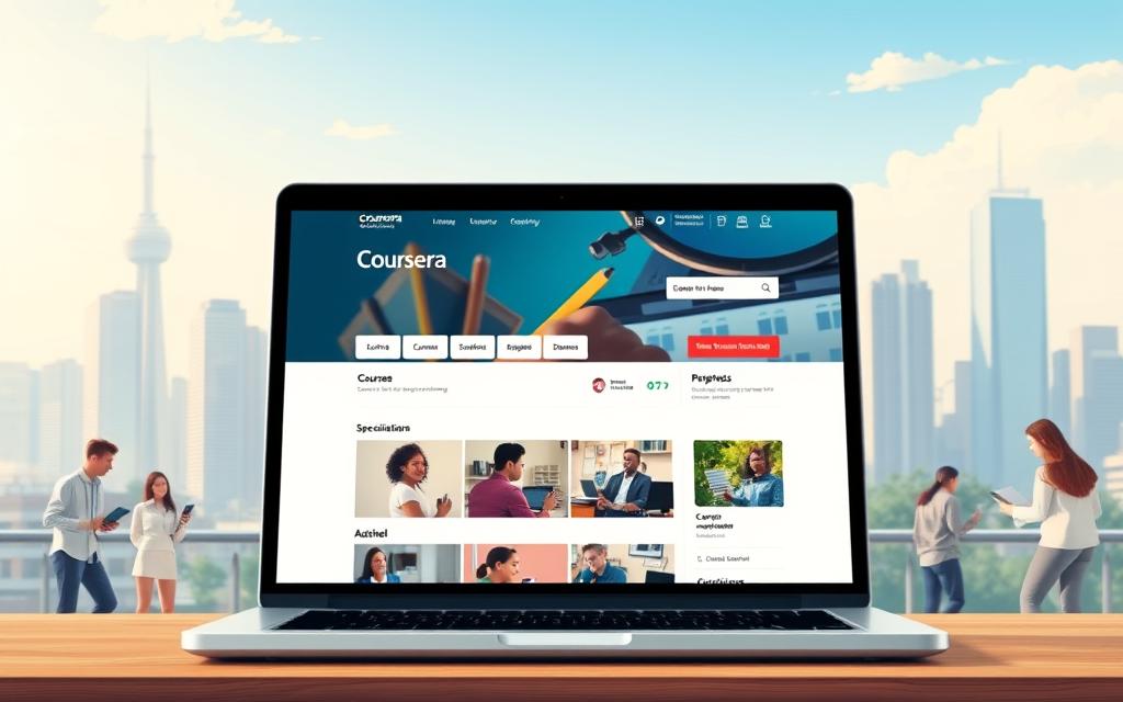 Detailed illustration of the Coursera online education platform. In the foreground, a laptop screen displays the Coursera homepage, featuring clean UI with sections for courses, specializations, and degrees. In the middle ground, students of diverse backgrounds engage with course materials, joining virtual classrooms and completing assignments. The background depicts a modern city skyline, symbolizing the global reach and accessibility of Coursera's online education. Soft, warm lighting sets a welcoming, educational atmosphere. Captured with a high-resolution, wide-angle lens to convey a sense of scale and immersion. Detailed illustration of the Coursera online education platform. In the foreground, a laptop screen displays the Coursera homepage, featuring clean UI with sections for courses, specializations, and degrees. In the middle ground, students of diverse backgrounds engage with course materials, joining virtual classrooms and completing assignments. The background depicts a modern city skyline, symbolizing the global reach and accessibility of Coursera's online education. Soft, warm lighting sets a welcoming, educational atmosphere. Captured with a high-resolution, wide-angle lens to convey a sense of scale and immersion.