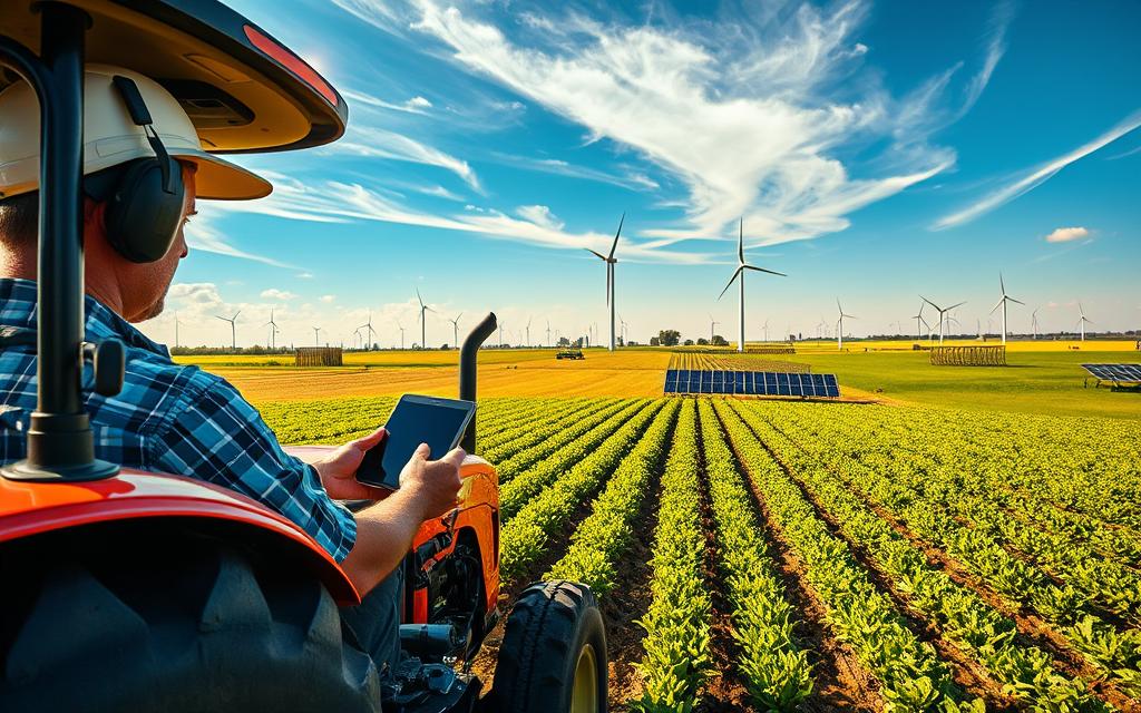Precision agriculture, a technological revolution in the field, captured in a wide-angle view. In the foreground, a farmer operates a high-tech tractor, its sensors and GPS-guided systems precisely managing soil conditions, crop yields, and water usage. In the middle ground, rows of lush, vibrant crops stretch out, monitored by drones and IoT sensors that transmit real-time data to the farmer's tablet. The background depicts a sprawling, verdant landscape, dotted with wind turbines and solar panels, harnessing renewable energy to power the smart farming ecosystem. Warm, golden sunlight filters through wispy clouds, illuminating the scene with a sense of progress and sustainability.