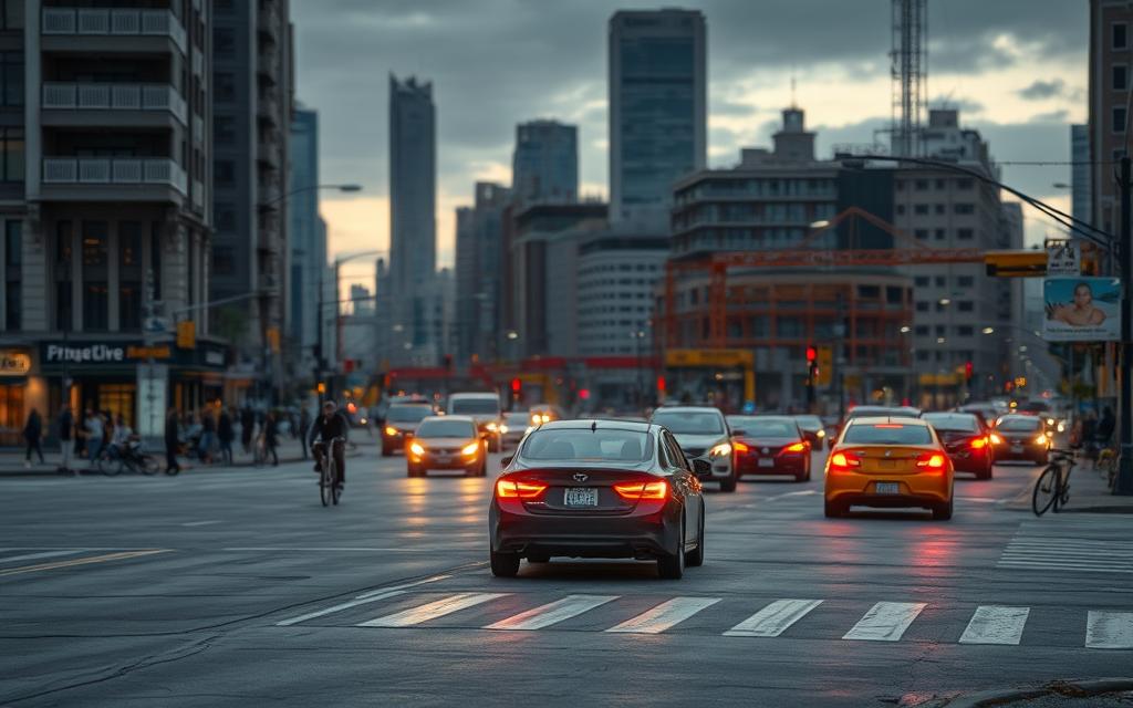 Weathered city streets at dusk, autonomous vehicles navigating a complex web of obstacles - pedestrians, cyclists, construction zones, and unpredictable traffic patterns. Sensors struggle to keep pace, while decision-making algorithms grapple with edge cases. In the foreground, a self-driving car hesitates, its lights casting an eerie glow, as it confronts a maze of challenges. The middle ground reveals a bustling urban landscape, with skyscrapers and infrastructure interwoven, testing the limits of autonomous technology. The background fades into a moody, atmospheric sky, hinting at the broader societal and environmental implications of this technological revolution.