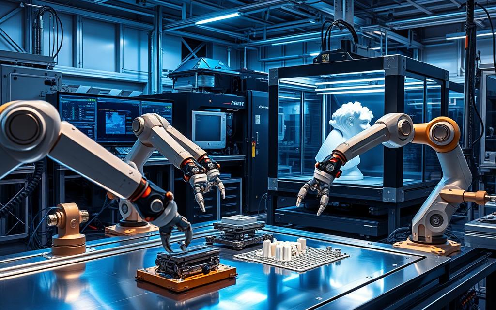 a high-tech workshop filled with advanced automation tools, gleaming metal surfaces and complex mechanisms. in the foreground, robotic arms gracefully manipulate precision components, their movement choreographed with machine-like efficiency. in the middle ground, computer-controlled machinery hums with power, its display panels flickering with data readouts. the background is dominated by a towering, industrial-scale 3D printer, its print bed producing intricate, futuristic forms. the lighting is a cool, blue-tinged glow, highlighting the advanced, cutting-edge nature of these automation technologies. the overall mood is one of innovation, progress and the march of technological advancement.