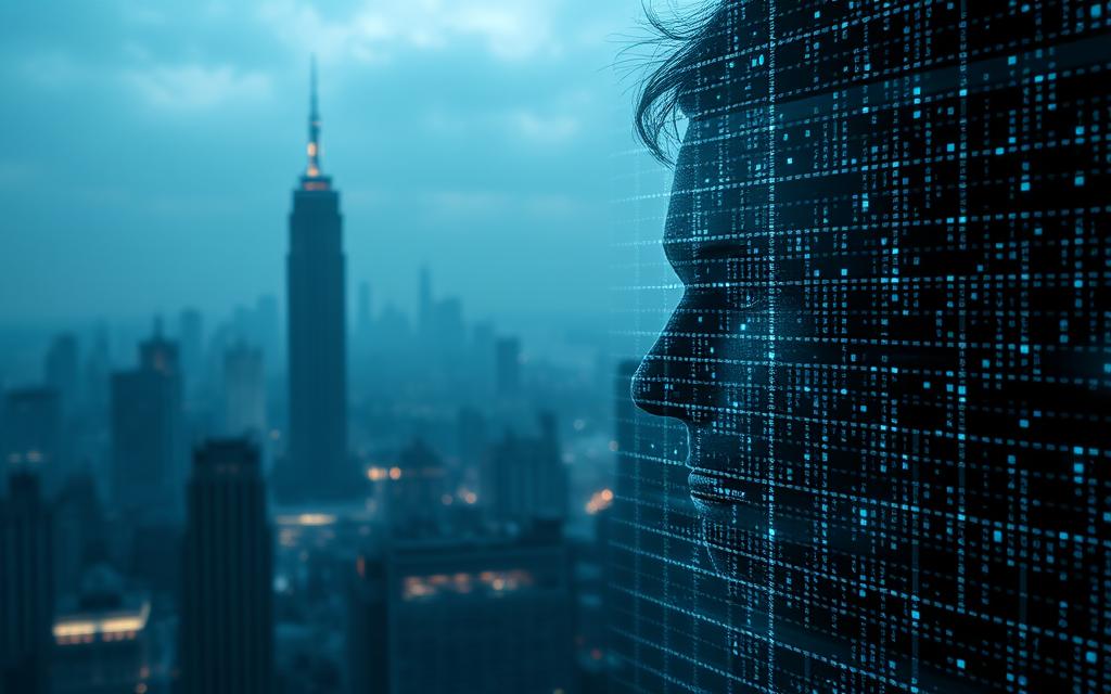 a scene depicting privacy concerns in the digital age. in the foreground, a person's face is obscured by a glowing digital grid, symbolizing the pervasive nature of surveillance and data collection. in the middle ground, a cityscape of towering skyscrapers and futuristic architecture looms, hinting at the scale and ubiquity of technological advancements. the background is shrouded in a hazy, blue-toned atmosphere, evoking a sense of unease and uncertainty about the implications of AI-driven technologies on personal privacy. the lighting is moody and dramatic, with beams of light breaking through the grid-like patterns. the overall composition conveys the tension between the individual's right to privacy and the relentless march of technological progress.